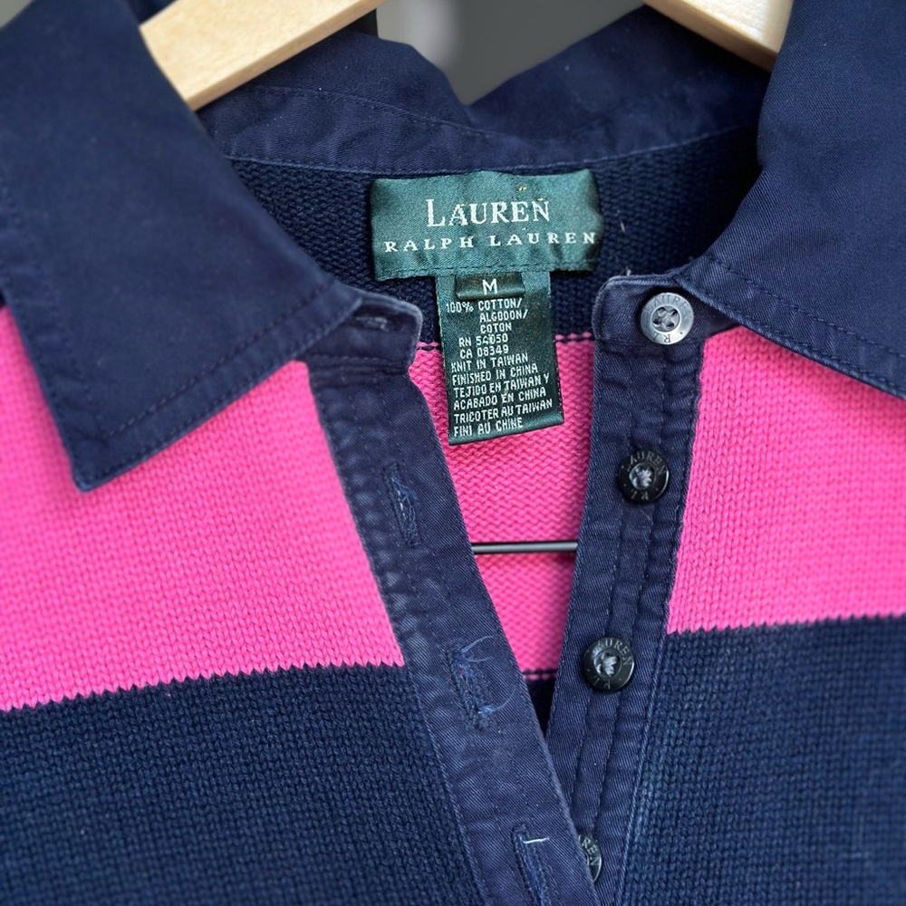 Lauren Ralph Lauren Pink Navy Striped Collared Rugby Long Sleeve Sweater Shirt - Picture 2 of 12